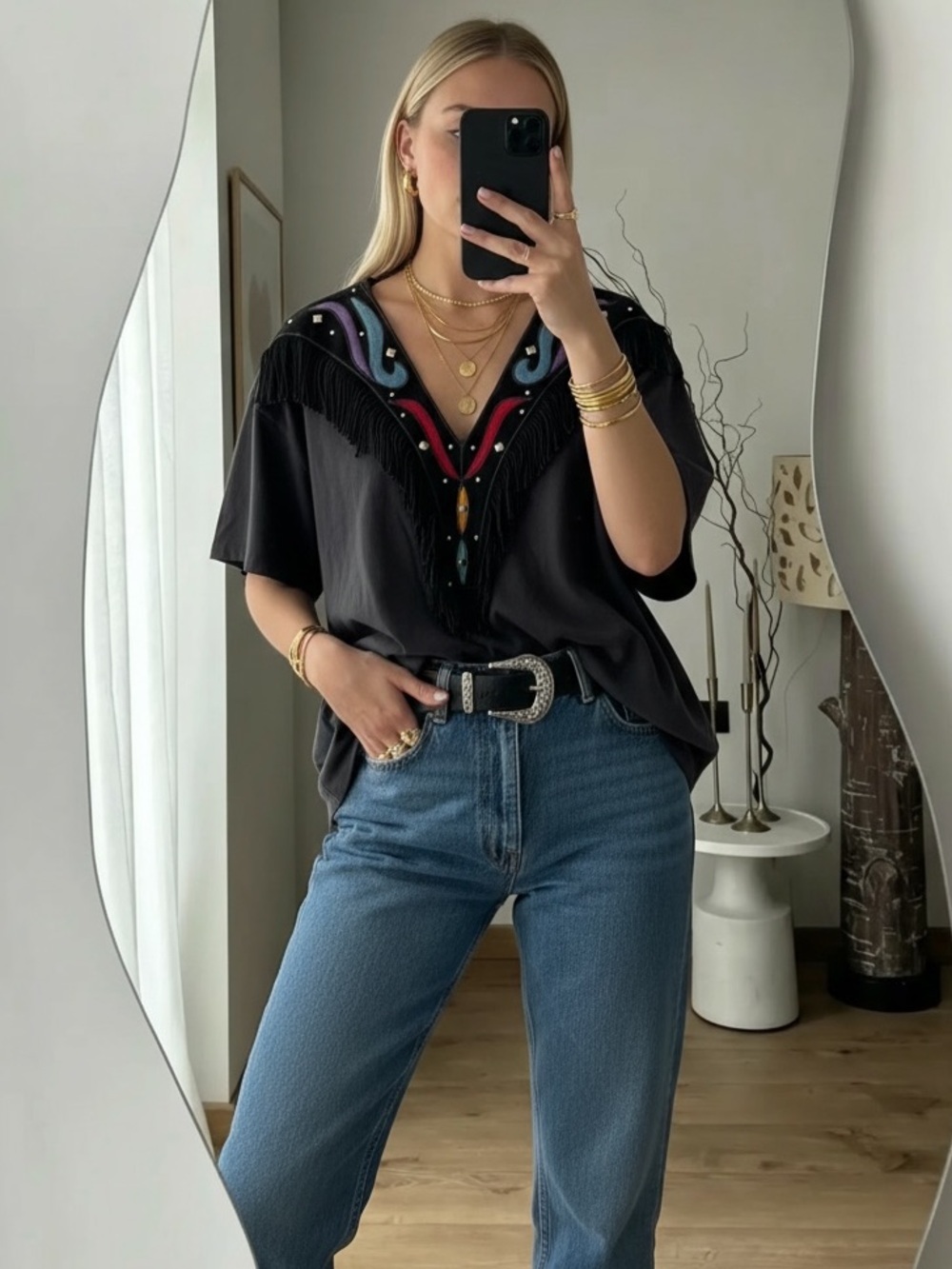 Vintage Single Stitch Black Western Fringe Tee, Genuine Suede Yoke